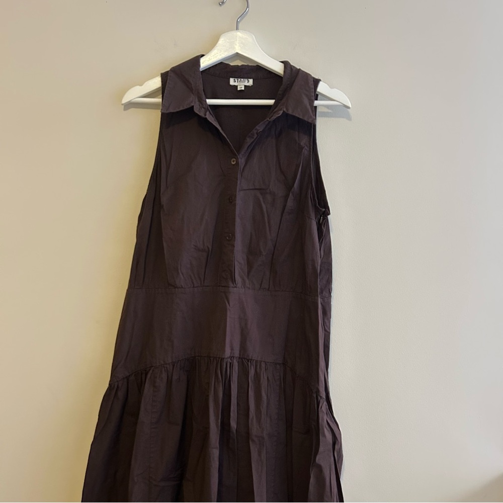 Staud Romy Midi Dress Earth Cafe Brown Sleeveless Collared Drop Waist Size 16 - Picture 2 of 11